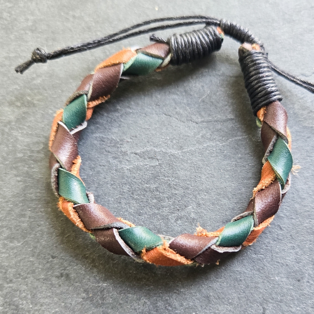 NWT Handmade Reclaimed Leather Braided Bracelet, Green, Brown, & Tan